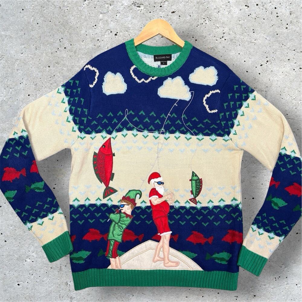 Blizzard Bay Funny Christmas Sweater Fishing Santa Ugly Mens L Fish Theme